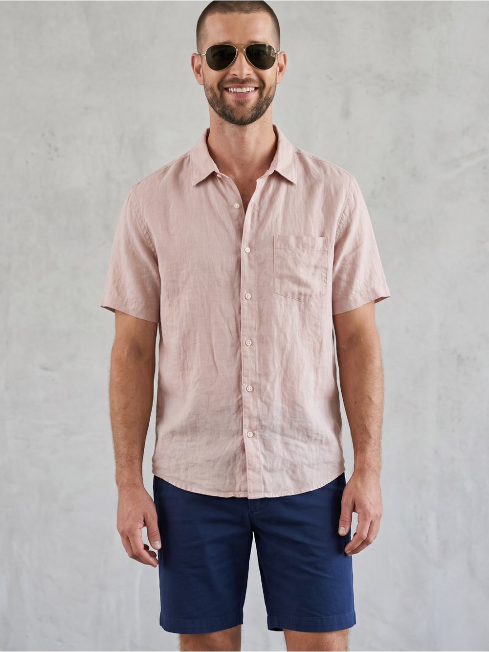 🌻Magaschoni Man Linen Blend Shirt Pink Coral Short Sleeve Button Up Mens Size M